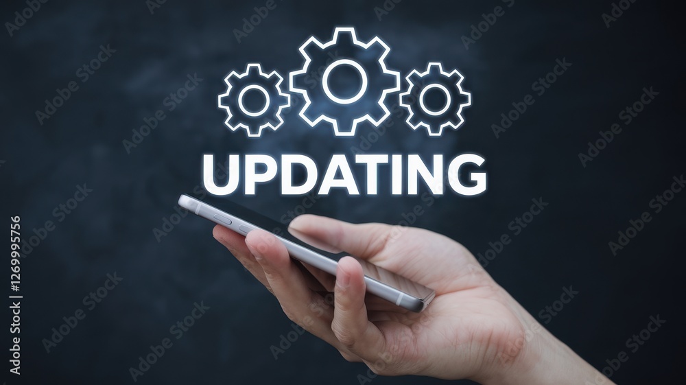 A smartphone is updating software with gears shown above text A smartphone is updating software with gears shown above text