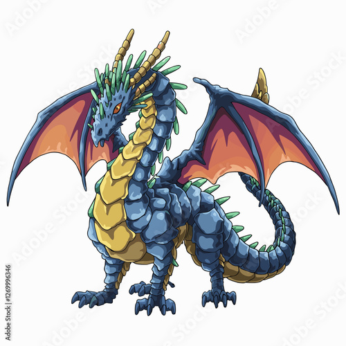 Fierce Blue Dragon with Fiery Wings