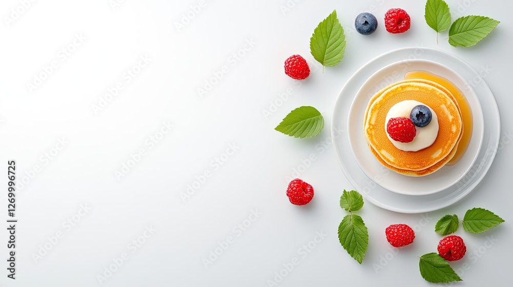 © zipop - Stack of pancakes with berries and syrup on a white plate © zipop - Stack of pancakes with berries and syrup on a white plate