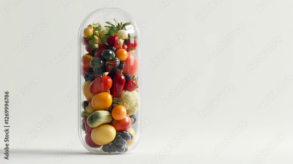 Transparent capsule filled with fresh fruits and vegetables. Conceptual representation of natural vitamins, health, and organic nutrition in a minimalist design. Transparent capsule filled with fresh fruits and vegetables. Conceptual representation of natural vitamins, health, and organic nutrition in a minimalist design.