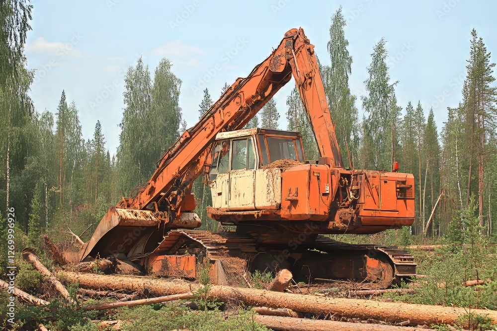 Deforestation: A new red harvester is felling conifers on a steep mountainside. Heavy logging machinery is active in the taiga in winter Deforestation: A new red harvester is felling conifers on a steep mountainside. Heavy logging machinery is active in the taiga in winter