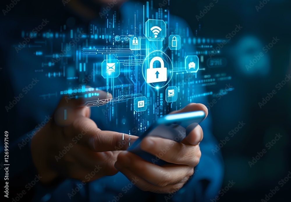 Hands holding smartphone with digital cybersecurity interface, glowing padlock and network protection icons against dark background with technology elements. Hands holding smartphone with digital cybersecurity interface, glowing padlock and network protection icons against dark background with technology elements.