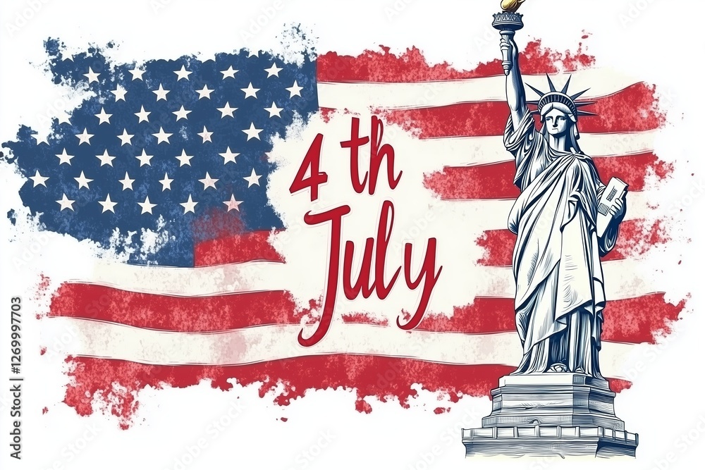 Naklejka premium A patriotic illustration featuring the Statue of Liberty alongside a stylized American flag with a watercolor effect.