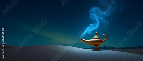 Lamp of Wishes In The Desert - Genie Coming Out Of The Bottle, Arabian antique magic spell of miracle with smoke at bright winter night, old abracadabra myth or fantasy of dream wishing in dark sky