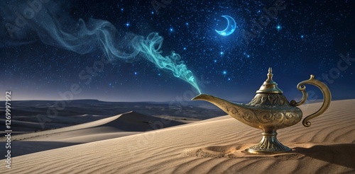 Lamp of Wishes In The Desert - Genie Coming Out Of The Bottle, Arabian antique magic spell of miracle with smoke at bright winter moon, old abracadabra myth or fantasy of mystery wishing in dark sky