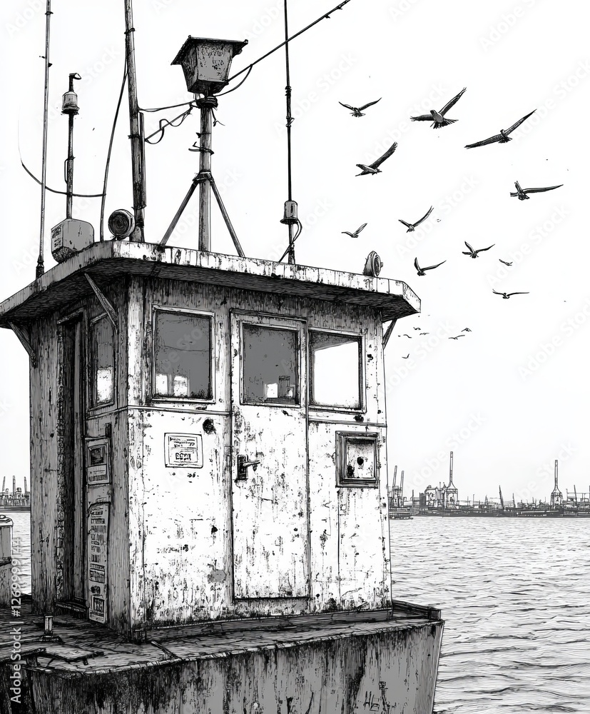 Fototapeta premium A modern illustration showing the black-lined contour of a destroyed building, set against a white background