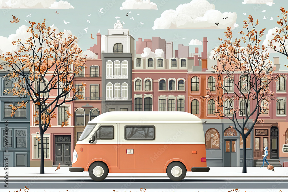 Obraz premium Retro delivery van driving in an autumnal city street with a pedestrian walking on the sidewalk