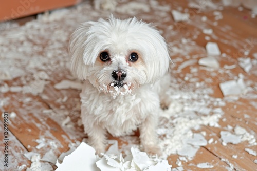 A rambunctious puppy is tearing up toilet paper all around the house photo