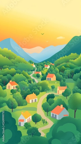 The roofs of the village are coloured. Healing subtle colors. Children's illu...