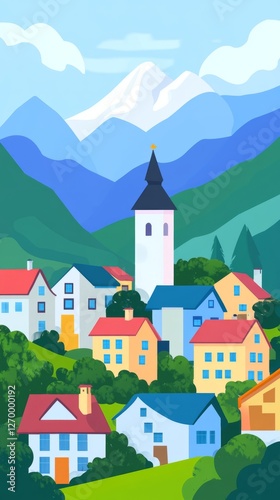 The roofs of the village are coloured. Healing subtle colors. Children's illu...