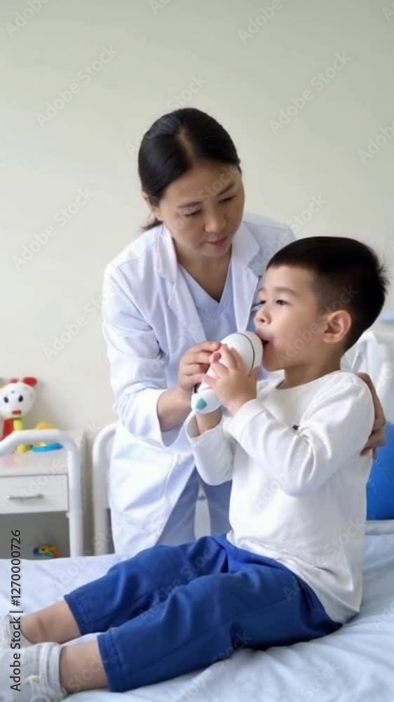 Young boy using inhaler with nurse assistance in hospital bed Young boy using inhaler with nurse assistance in hospital bed