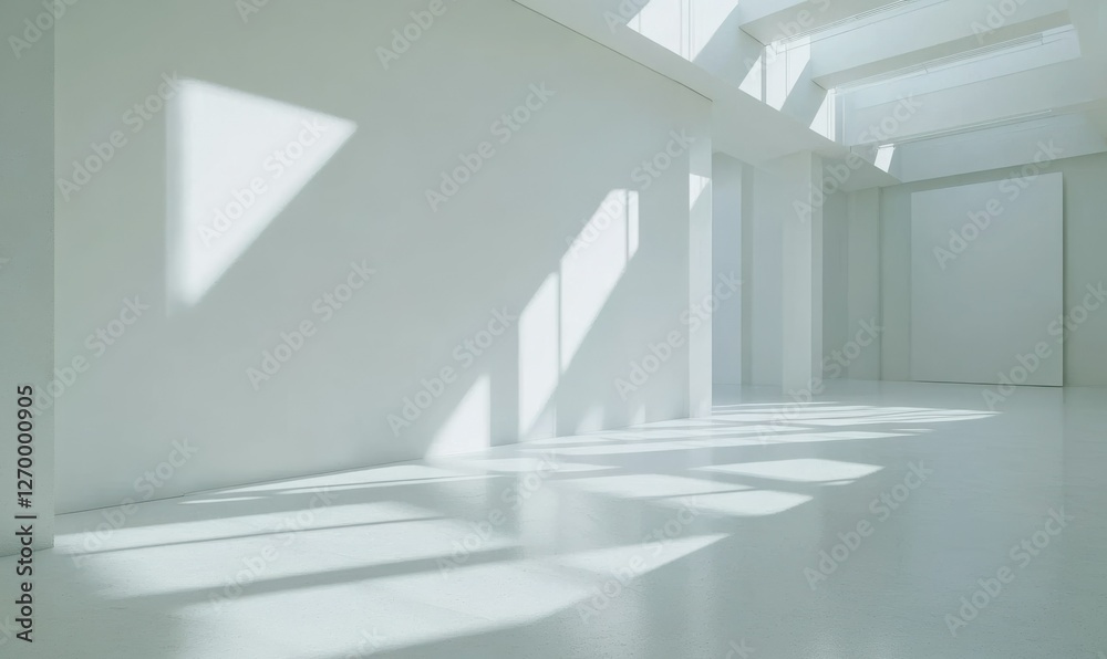 Obraz premium Empty art gallery with clean white walls and bright natural light streaming in, soft shadows adding depth, clean and elegant, perfect for modern themes