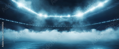 Empty stadium with dramatic lighting and fog on the ground, showcasing an atmospheric sports venue ready for a big event, symbolizing anticipation and excitement.