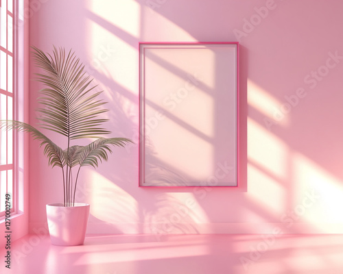 A pink minimalist room with a blank photo frame on the wall, a palm plant in a pot, and soft light streaming through the window, symbolizing calm, creativity, and modern decor. photo