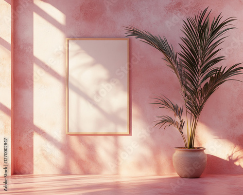 A pink minimalist interior with a blank photo frame on the wall and a potted plant casting soft shadows, symbolizing tranquility, modern style, and interior design. photo