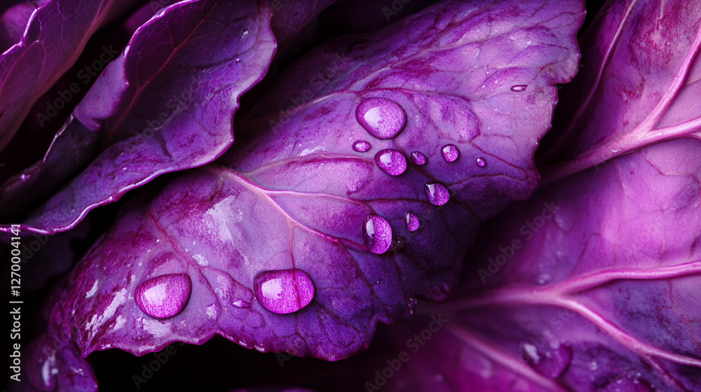 Obraz premium Close-up shot of purple cabbage leaves with water droplets, showcasing the intricate texture, vibrant colors, and moisture, representing the richness and freshness of nature.