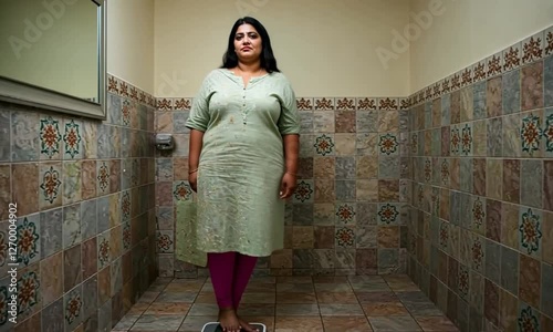 Woman on bathroom scale, contemplation,  health issue, possible weight loss concept