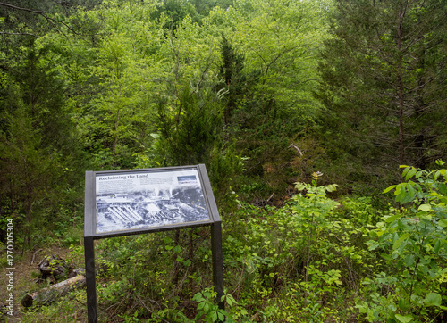 A sign of the place where the land is being reclaimed by nature where once the Branch Pyrite Mine operated in Prince William Forest Park, Virginia, USA.