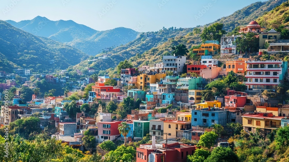 Fototapeta premium Cityscape of colorful architecture nestled in the hills.