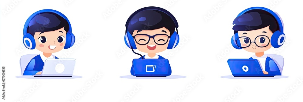 Three happy children using laptops with headphones Three happy children using laptops with headphones