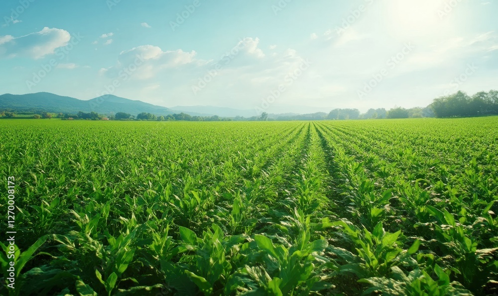 Lush green farm field with rows of vibrant crops stretching towards the horizon under bright clear blue skie Lush green farm field with rows of vibrant crops stretching towards the horizon under bright clear blue skie
