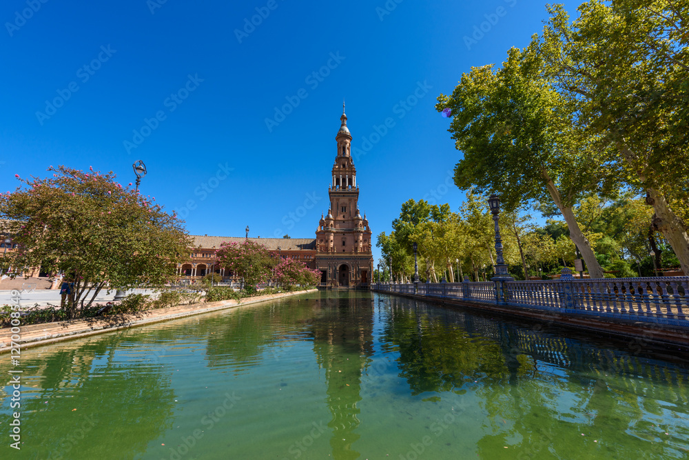 Sevilla, Spain - August 01, 2024: Plaza de Espana in Seville, Andalusia. The Plaza de Espana, built in 1928, is a plaza in the Parque de Maria Luisa in Seville, Spain.