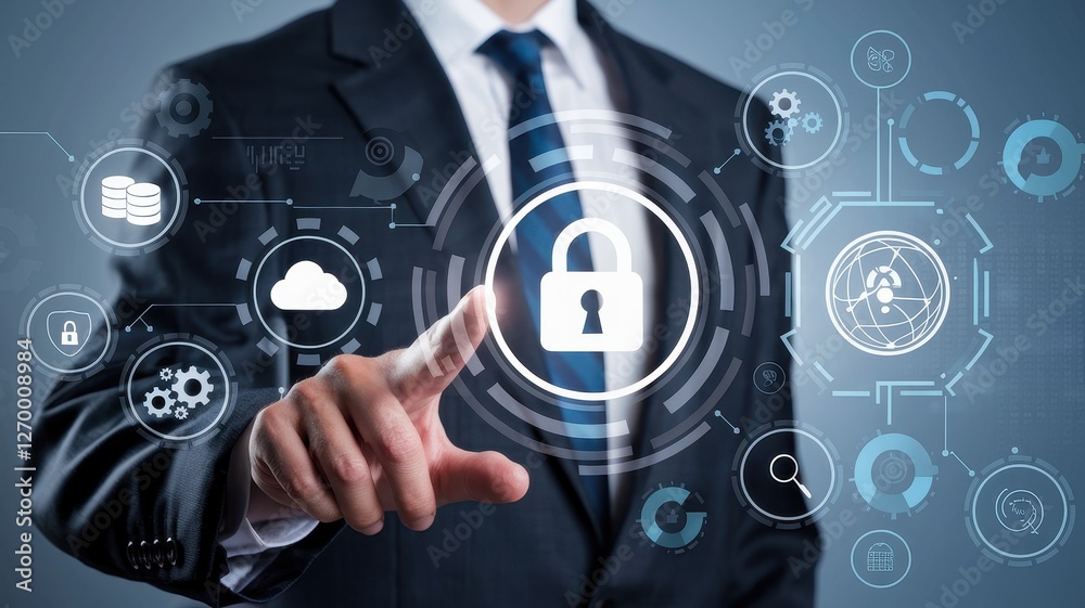 Fototapeta premium Businessman touches a digital padlock symbolizing cyber security system