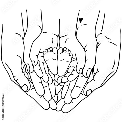 Black and white vector illustration of family hands gently holding tiny baby feet, symbolizing love, care, and protection. Perfect for tattoos, prints, parenting themes, and heartwarming, emotional 