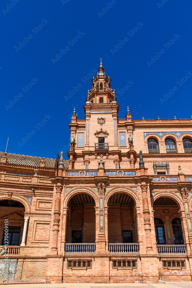 Sevilla, Spain - August 01, 2024: Plaza de Espana in Seville, Andalusia. The Plaza de Espana, built in 1928, is a plaza in the Parque de Maria Luisa in Seville, Spain.