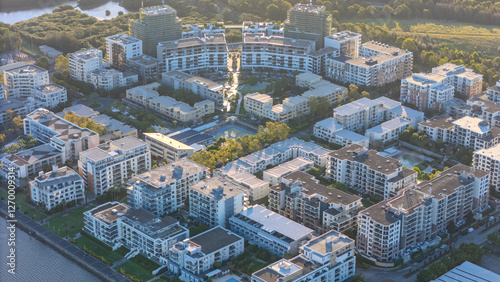 Photography Drone Aerial view above Rhodes with views to Meadowbank and Olympic park  in Syd