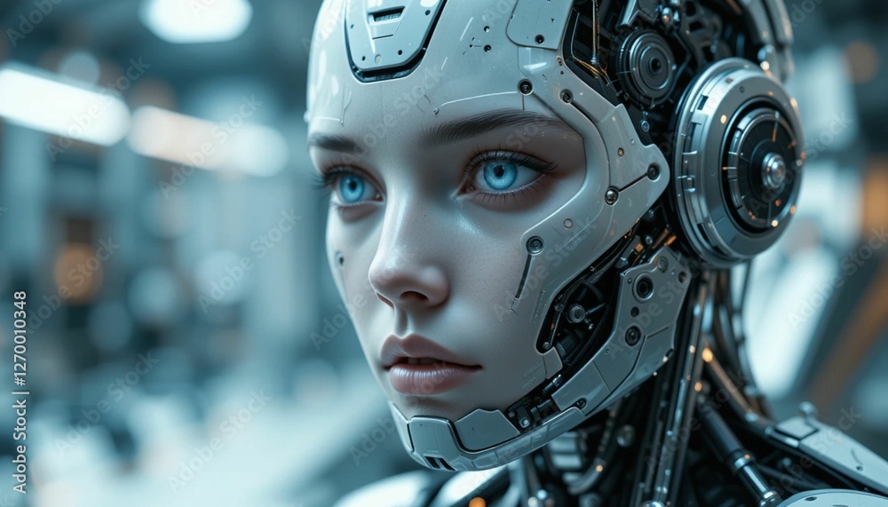 Fototapeta premium Mechanical Humanoid with Futuristic Cyber Enhancements. , close up portrait of a man with a mask