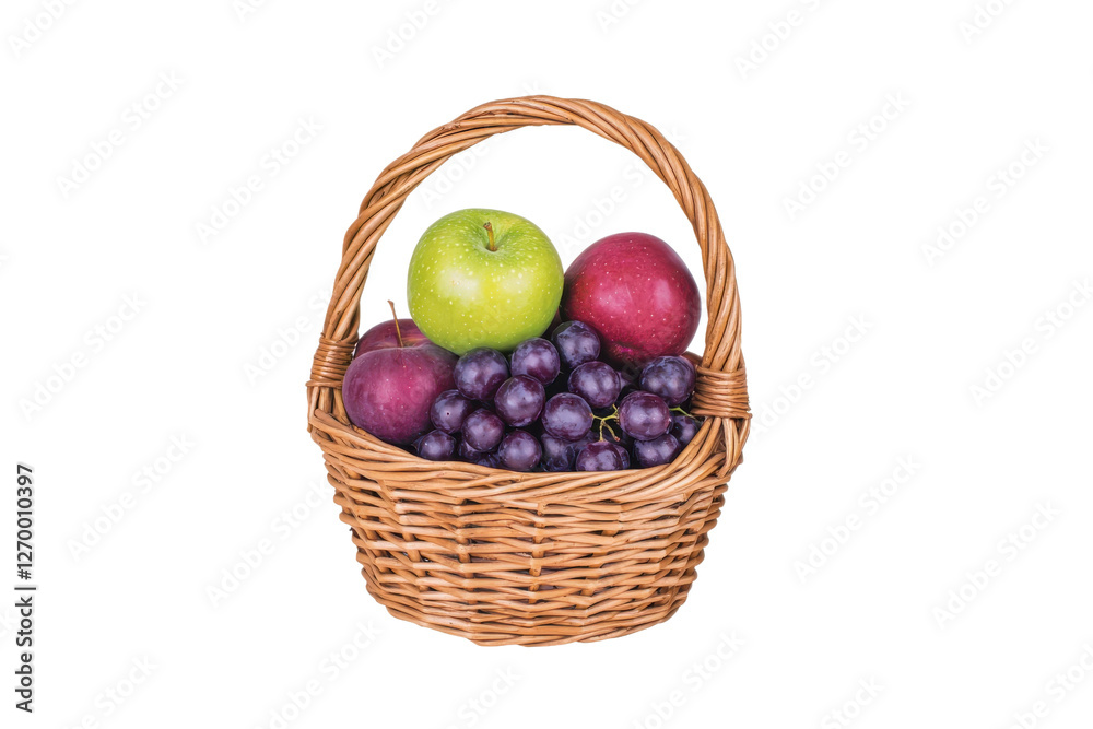 Fresh fruit basket with green apple, red apple, purple grapes, and plums, showcasing vibrant colors and healthy choices. Perfect for nutritious snack or decoration Fresh fruit basket with green apple, red apple, purple grapes, and plums, showcasing vibrant colors and healthy choices. Perfect for nutritious snack or decoration