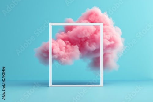 Pink cloud formation inside a white frame against a blue background creates a striking visual contrast and artistic ambiance