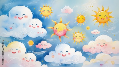 Delicate, whimsical watercolor artwork featuring a diverse arrangement of puffy, white clouds with soft, rounded shapes and gentle, smiling faces, 