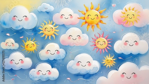 Delicate, whimsical watercolor artwork featuring a diverse arrangement of puffy, white clouds with soft, rounded shapes and gentle, smiling faces, 