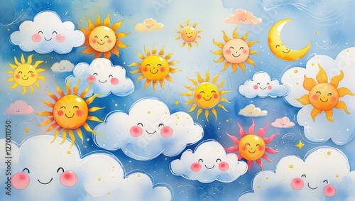 Delicate, whimsical watercolor artwork featuring a diverse arrangement of puffy, white clouds with soft, rounded shapes and gentle, smiling faces, 