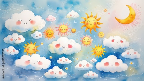 Delicate, whimsical watercolor artwork featuring a diverse arrangement of puffy, white clouds with soft, rounded shapes and gentle, smiling faces, 