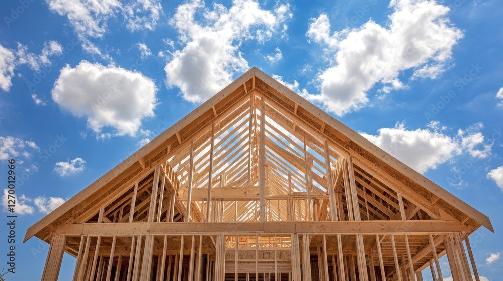Fototapeta premium Wooden beams and timber studs are being used to construct the frame of a future residential building in Tarneit, Melbourne