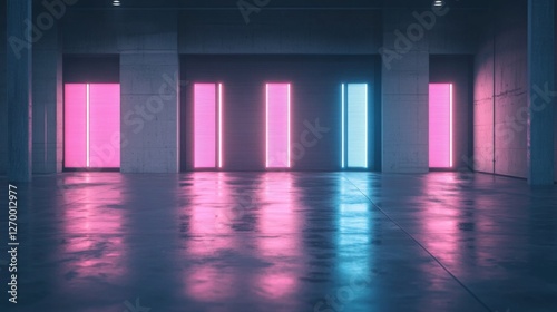 Neon-lit Concrete Warehouse Interior photo