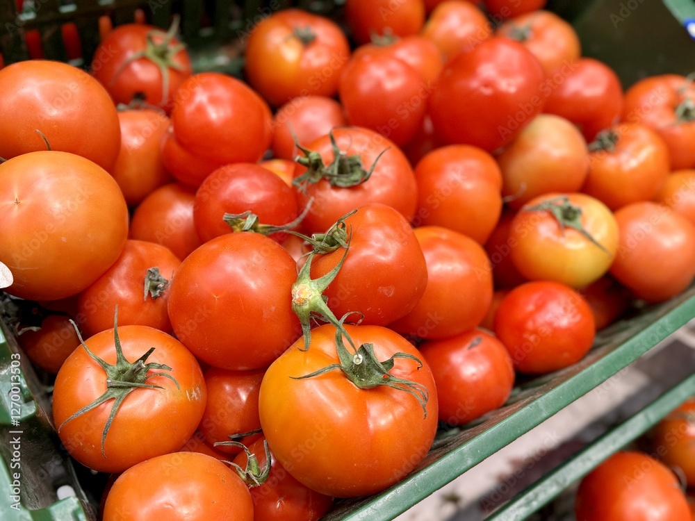 Fresh tomatoes in containers on shelf of supermarket Fresh tomatoes in containers on shelf of supermarket