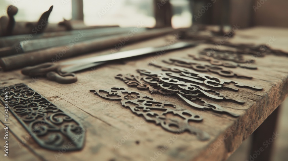 Rusty metal tools and decorative pieces on wooden workbench