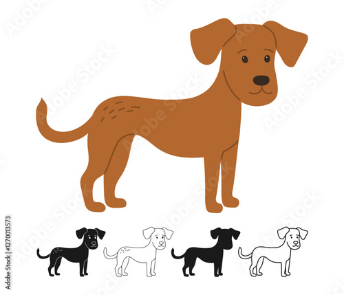 Friendly Dog cartoon linear symbol or icon illustration set. Cute simple dog silhouette or doodle art. Funny sign adorable domestic pedigree pet animal. Comic hand drawing childish isolated vector art