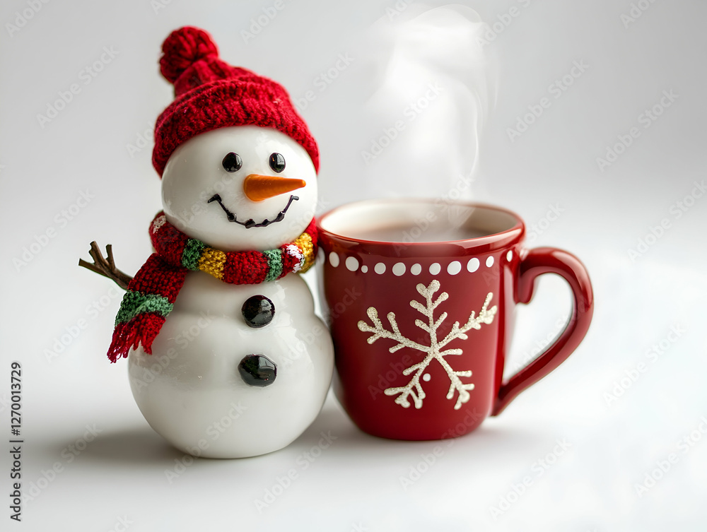 Snowman enjoys a cozy moment with a steaming cup of hot cocoa as winter melts away joyfully Snowman enjoys a cozy moment with a steaming cup of hot cocoa as winter melts away joyfully
