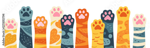 Cats paws cartoon vector Illustration. Row of different cat kitten palm up, cute furry hands art. Horizontal banner for pet store in flat style design. Flyer or postcard pets feet various fur colors