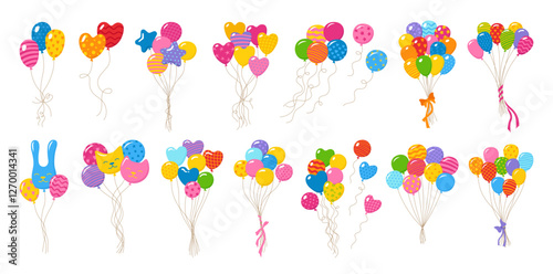 Bundle patterned balloons set illustration. Cartoon various shaped and patterns bunches of balloons. Colorful birthday celebration, festivities party decorations, greeting children card vector design