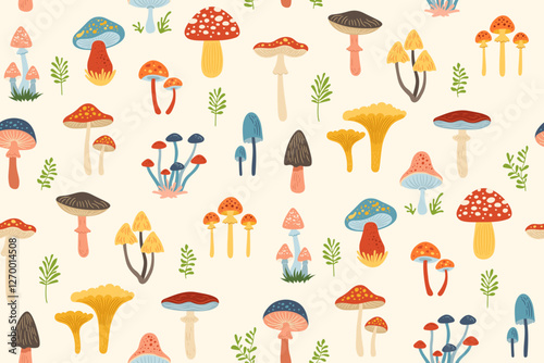 Mushrooms hand drawn vintage seamless pattern. Various doodle texture mushrooms repeat boundless background. Cartoon mushrooms endless design print textile, wrapper backdrop, scrapbook vector template