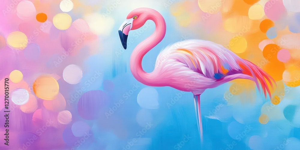 Obraz premium Pink Flamingo Standing Against Colorful Bokeh Background