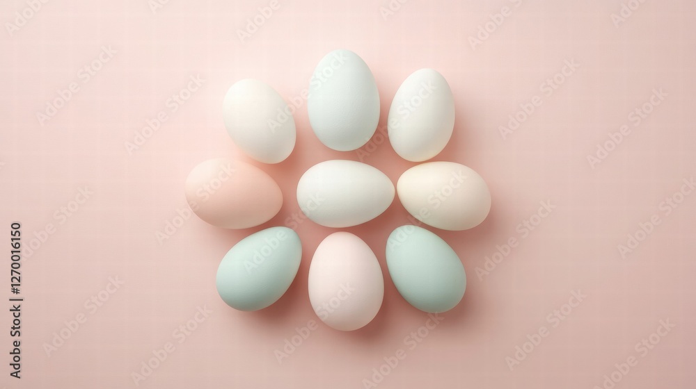 Pastel Easter eggs arranged in a floral shape on a light pink background, minimal and modern holiday concept with copy space Pastel Easter eggs arranged in a floral shape on a light pink background, minimal and modern holiday concept with copy space