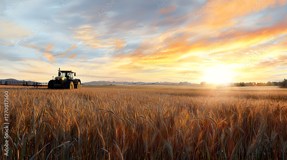 Fototapeta premium tranquil countryside scene featuring tractor in golden wheat field at sunset, evoking sense of peace and agricultural beauty