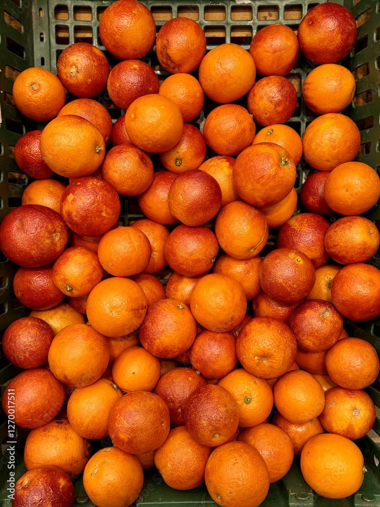 Box with ripe fresh organic tangerines on the shelf of a fruit supermarket are displayed for sale Box with ripe fresh organic tangerines on the shelf of a fruit supermarket are displayed for sale